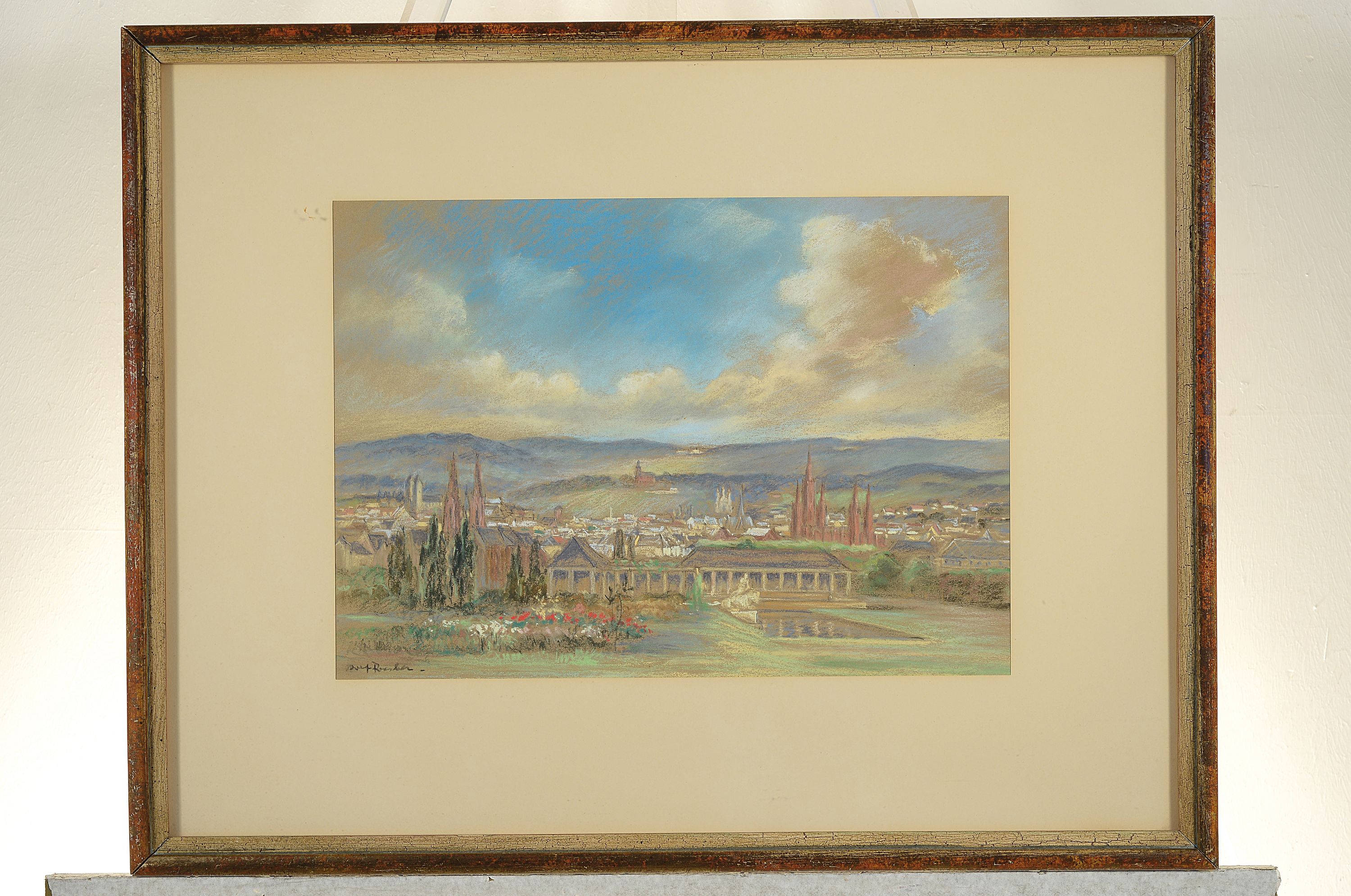 Detail k: Adolf Presber, 1896 Ramscheid-1997 Wiesbaden , Blick über Wiesbaden, links unten signiert, Pastell/Karton, unter PP und Glas gerahmt, 54x70 cm