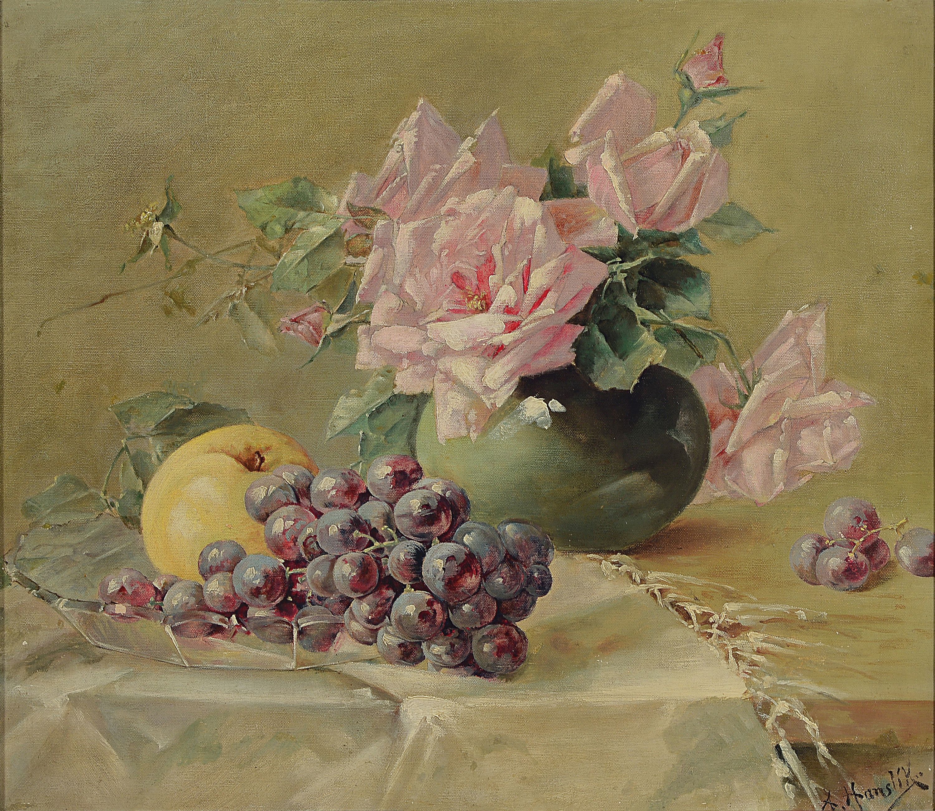 Anton Hanslik, Künstler des 20.Jh., Stillleben mit Rosen, Apfel und Trauben, signiert, Öl/Lwd, 42x48 cm, Rahmen 54x57 cm