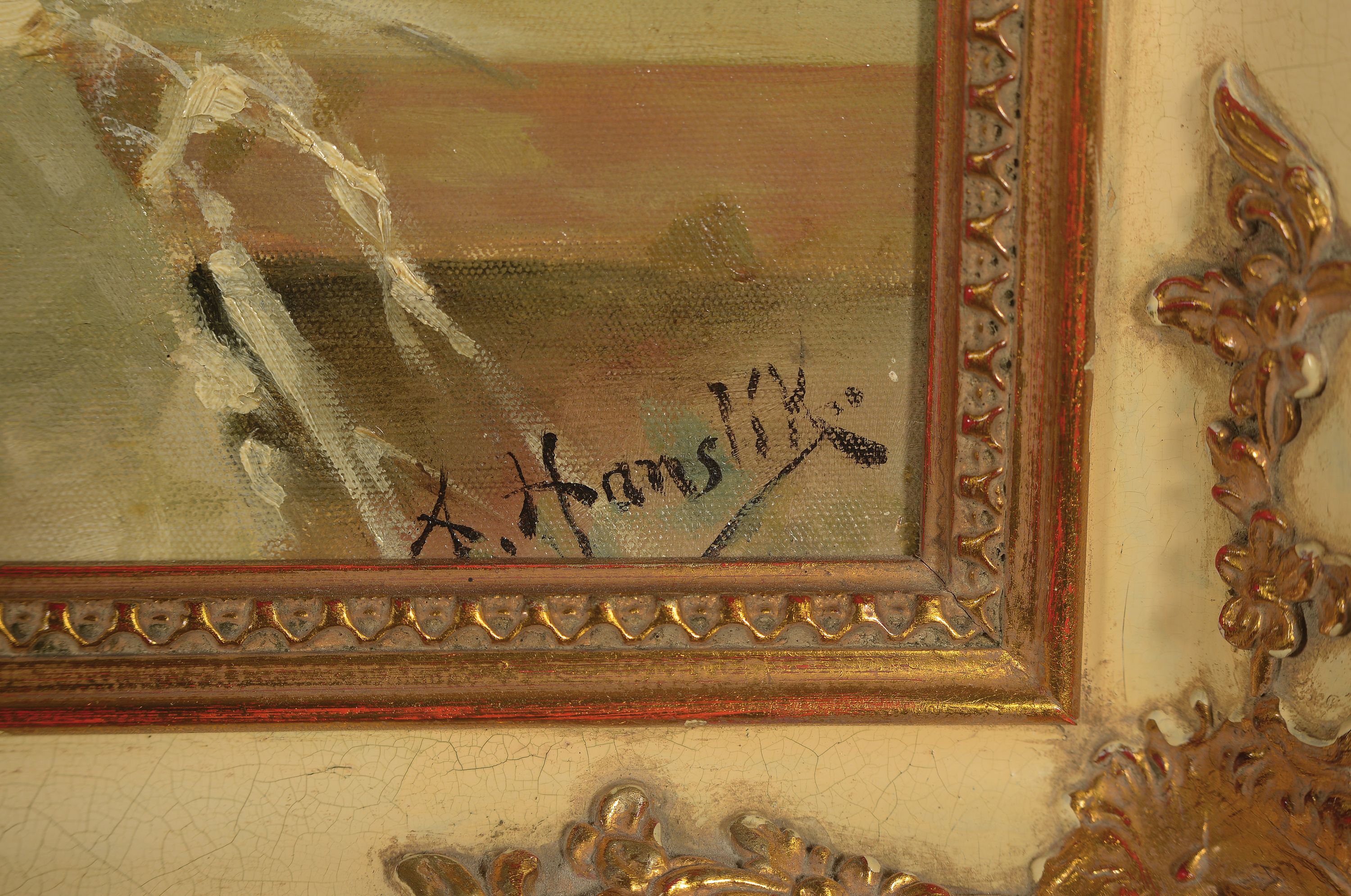 Detail l: Anton Hanslik, Künstler des 20.Jh., Stillleben mit Rosen, Apfel und Trauben, signiert, Öl/Lwd, 42x48 cm, Rahmen 54x57 cm