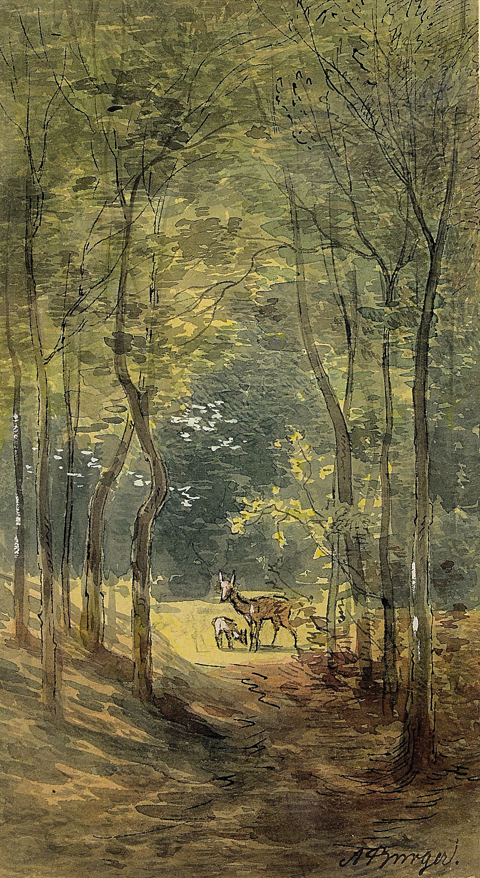 Anton Burger, 1824 Frankfurt-1905 Kronberg, Aquarell, Blick auf eine Waldlichtung mit zweiRehen, rechts unten signiert, Blatt 17,7x9,8 cm, Blatt auf ...
