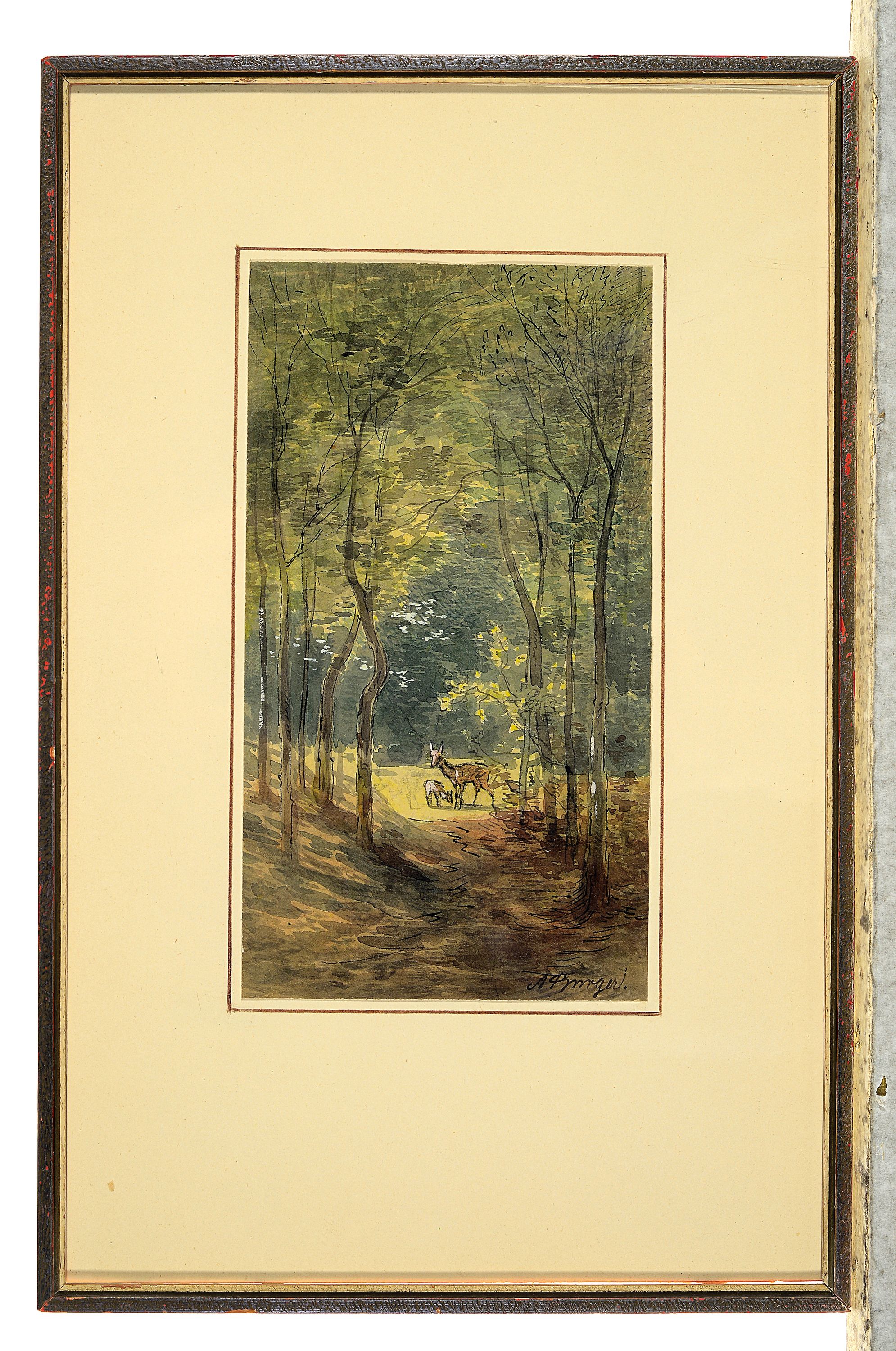 Detail k: Anton Burger, 1824 Frankfurt-1905 Kronberg, Aquarell, Blick auf eine Waldlichtung mit zweiRehen, rechts unten signiert, Blatt 17,7x9,8 cm, Blatt auf ...