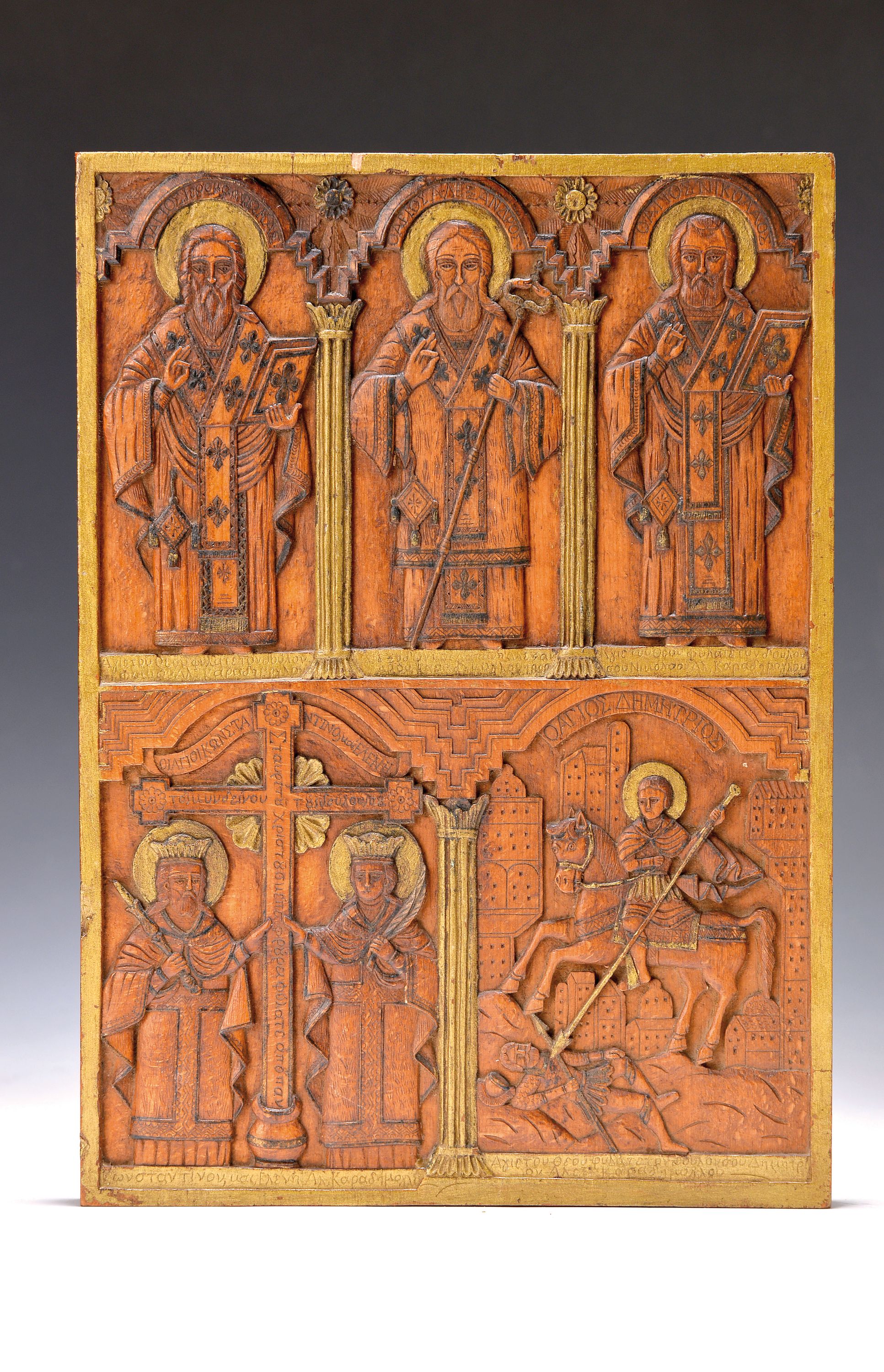 Ikone/Holzschnitzerei, Russland, Ende 19. Jh., feine Flachschnitzerei der Heiligen: Felas, Alexandros, Nikolaus, Konstantin, Heleni und Dimetrios, ...