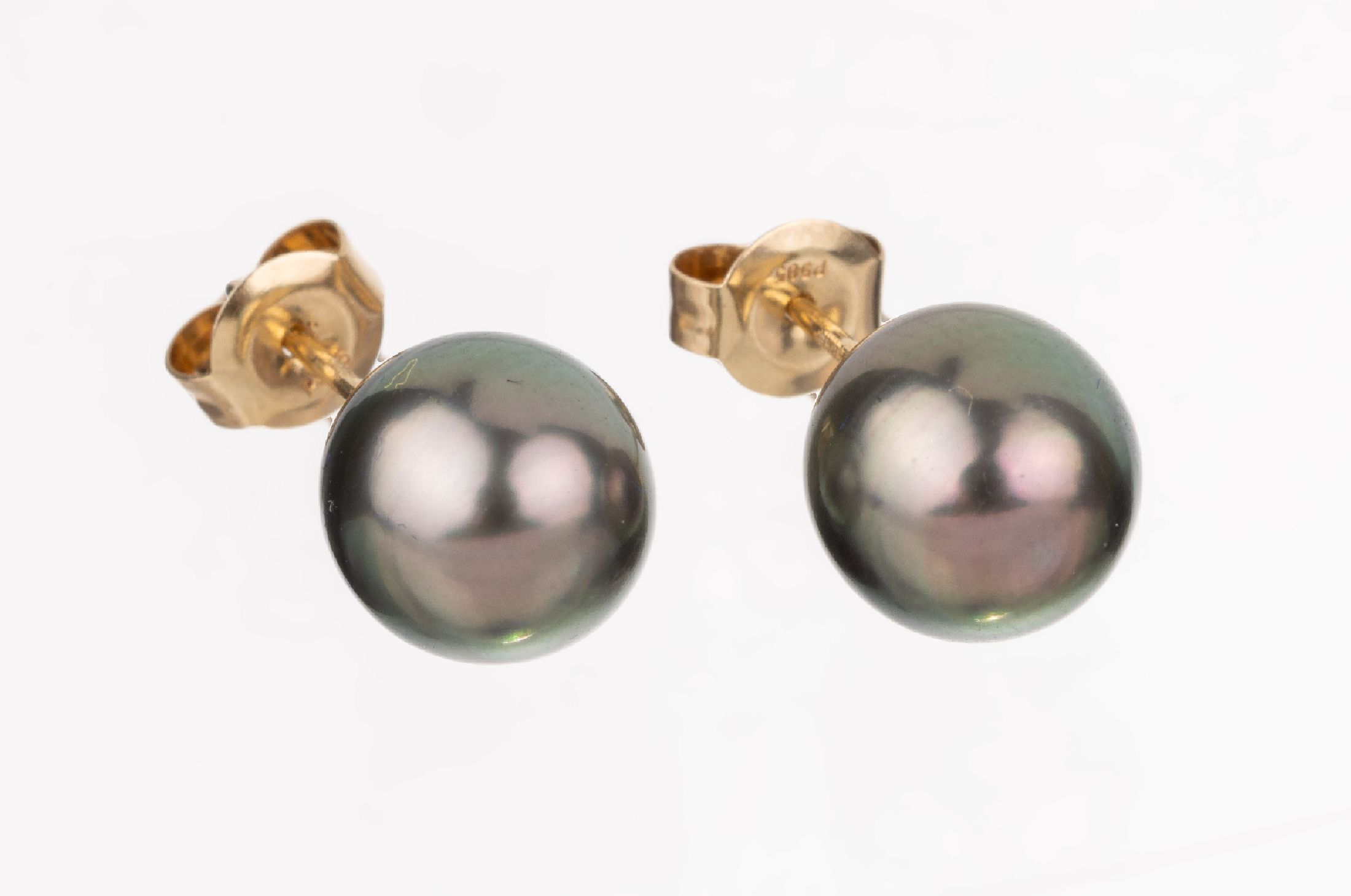 Paar 14 kt Gold Perl-Ohrstecker, GG 585/000, 2 anthrazitfarb. Tahitizuchtperlen D.ca. 9.7 mm, nat. Merkmale