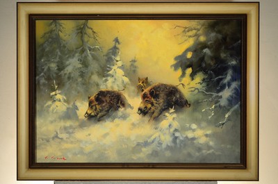 26745402k - Arnold Schatz, 1929-1999, wild boar roost in winter forest, signed lower left, oil/canvas, 70x100 cm, frame 88x117 cm