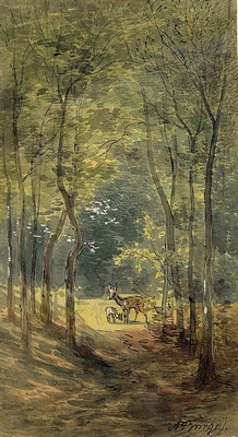 Image 26745459 - Anton Burger, 1824 Frankfurt-1905 Kronberg, watercolor, view of a forest clearing with twodeer, signed lower right, sheet 17.7x9.8 cm, sheet glued on cardboard, framed under glass 30x20 cm; from a Frankfurt private collection