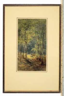 26745459k - Anton Burger, 1824 Frankfurt-1905 Kronberg, watercolor, view of a forest clearing with twodeer, signed lower right, sheet 17.7x9.8 cm, sheet glued on cardboard, framed under glass 30x20 cm; from a Frankfurt private collection