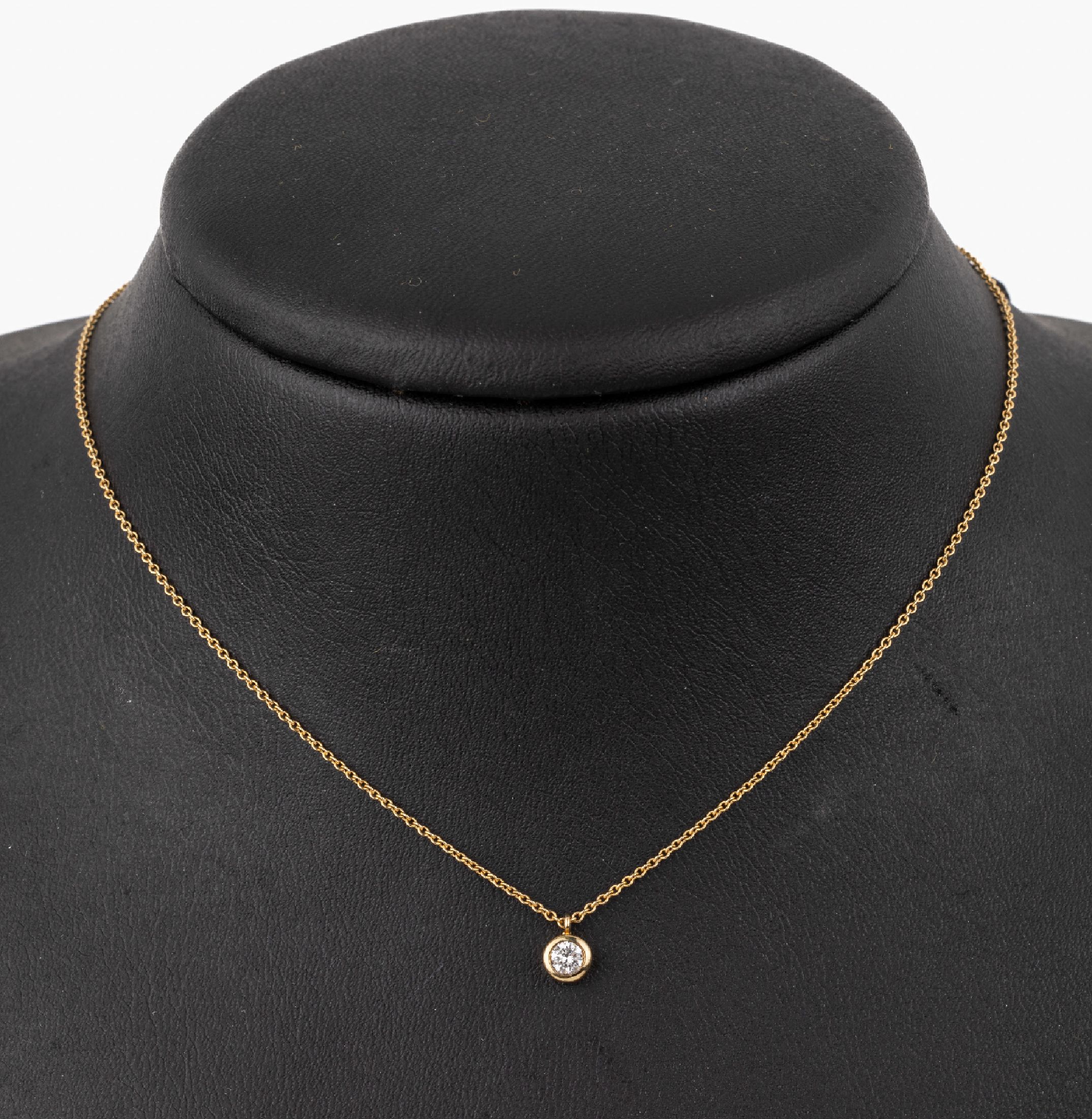 14 kt Gold Brillant-Collier, GG 585/000, Brillant ca. 0.15 ct Weiß/si, L. ca. 41 cm, Federringschließe, ca. 1.5 g