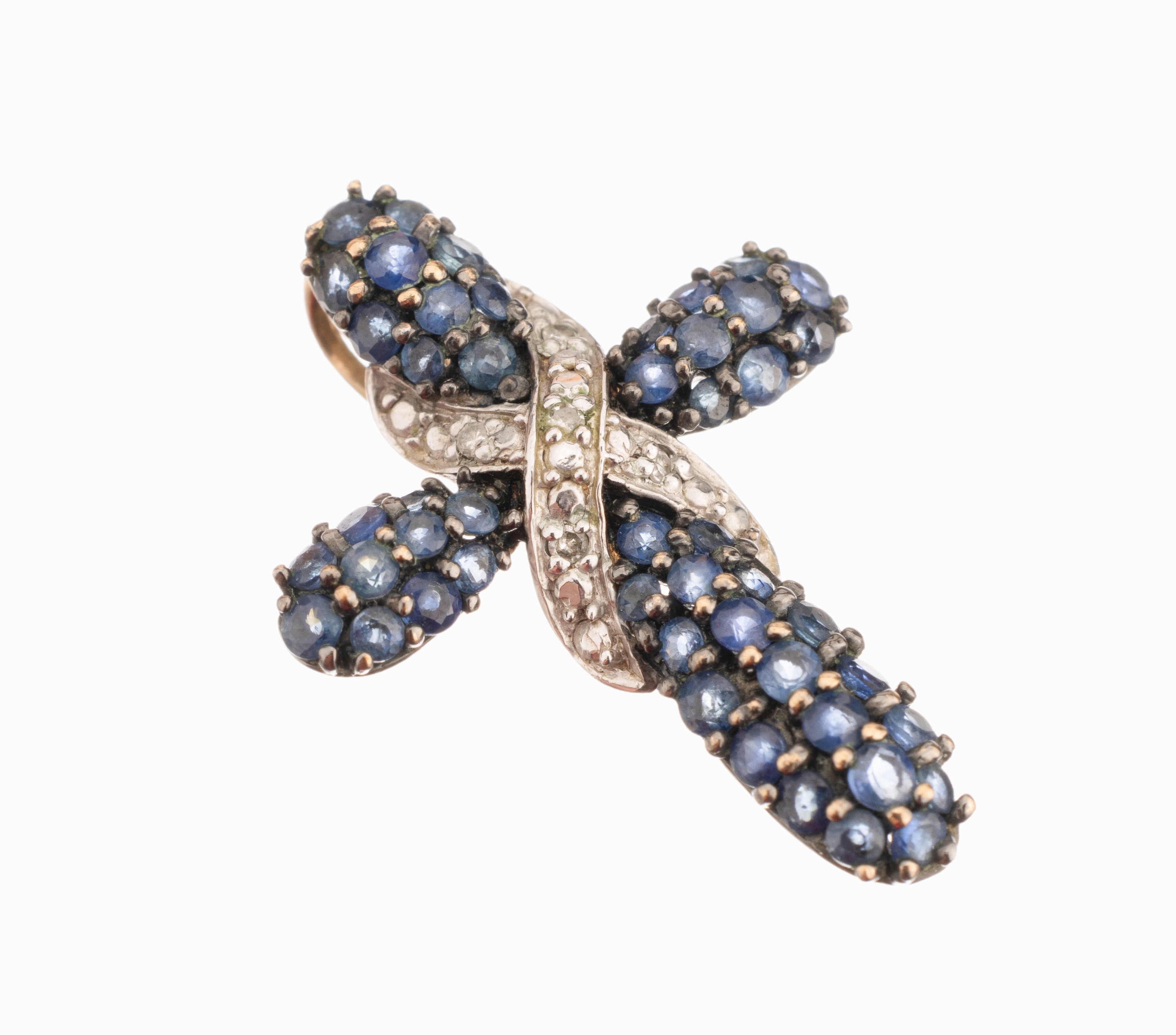 9 kt Gold Saphir Diamant-Kreuzanhänger, GG 375/000, rundfacett. Saphire zus. ca. 1.0 ct, Diamanten zus. ca. 0.05 ct Weiß/si, ca. 2.4 x 1.8 cm