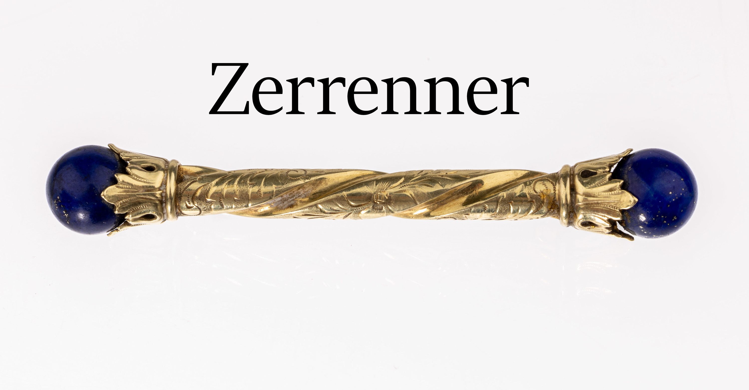 14 kt Gold Lapislazuli-Brosche, GG 585/000,deutsch 1950/60er Jahre, Meistermarke Zerrenner Pforzheim, gedreht und floral grav.,2 Lapislazulikugeln, ...