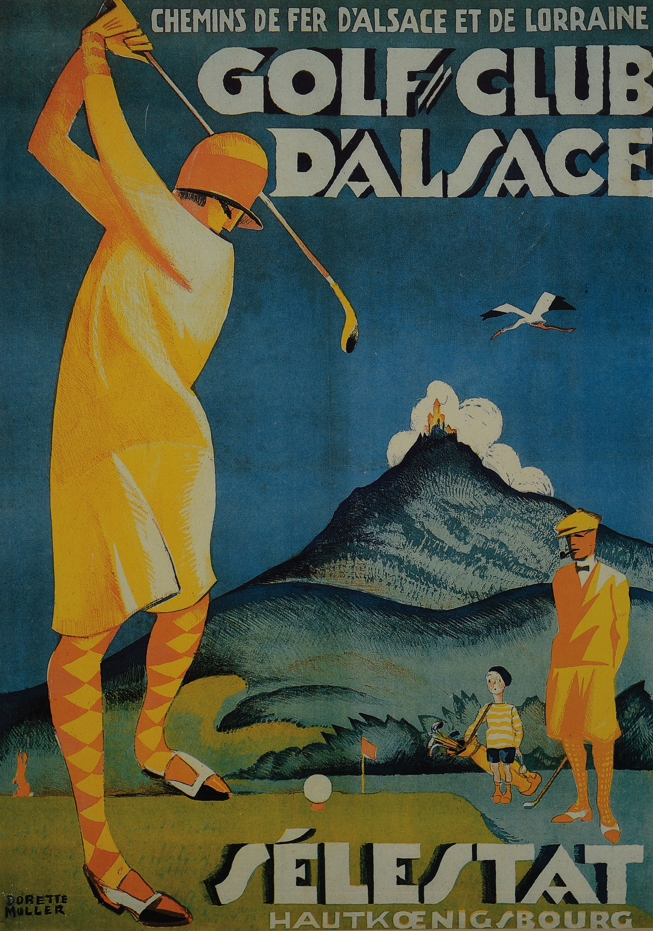 Dorette Muller, 1898-1975, Plakat für den Golfclub d'Alsace Sélestat Hautkoenigsbourg, Farboffset, ca. 70x50cm, ganzflächig auf Hartfaser ...