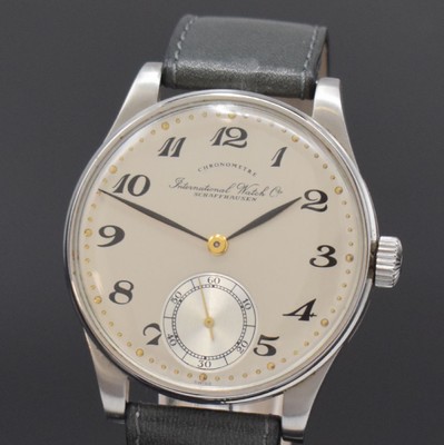 26745500a - IWC very rare big gents wristwatch so called Portuguese of the 1st Generation, Switzerland around 1935, manual winding, stainless steel case, snap on case back, leather strap with original IWC buckle, original crown, silvered dial and hands later, Arabic numerals, constant second at 6, gold-plated movement calibre 74, diameter approx. 41 mm, contact corrosion cover and case, condition 2