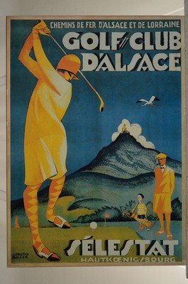 26745583k - Dorette Muller, 1898-1975, poster for the GolfClub d'Alsace Sélestat Hautkoenigsbourg, coloroffset, approx. 70x50cm, glued to the hardboard over the entire surface, approx. 70x50cm