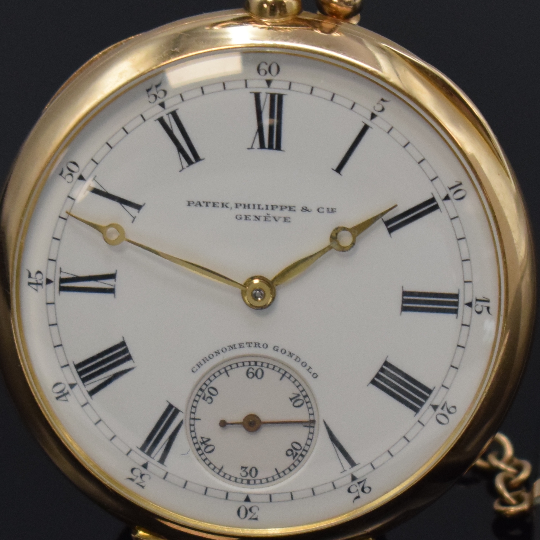 Detail a: PATEK PHILIPPE Gondolo Taschenuhr in RoseG 750/000, Schweiz um 1915, guill. Geh., Cuvette fehlt, 2-tlg. Emailzifferbl. m. röm. Zahlen, Zeiger ...