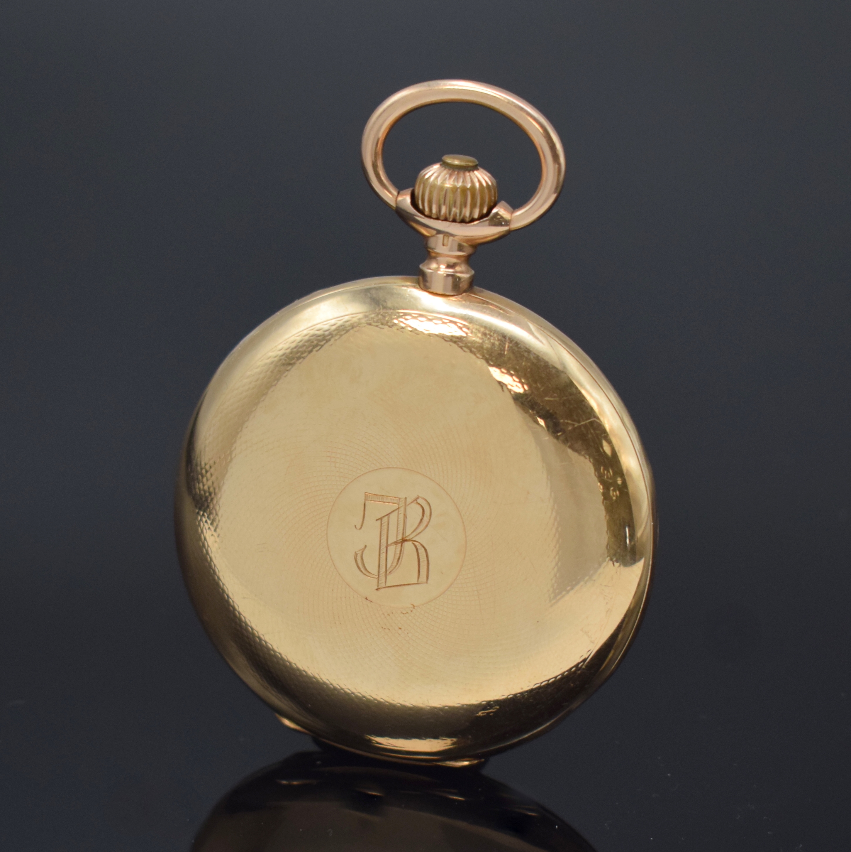 Detail b: UNION GLOCKE Herrensavonette in RoséG 585/000, Schweiz um 1910, guill. 3-Deckel Goldgeh. dell., Monogramm-Grav. auf dem Sprungdeckel, 3-tlg. ...