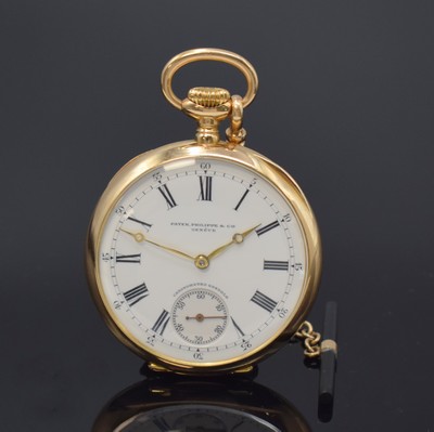 Image 26745733 - PATEK PHILIPPE Gondolo 18k pink gold pocket watch, Switzerland around 1915, engine-turned case, cuvette missing, two piece construction enamel dial with Roman numerals, hands later, gold plated precision-movement, gold wheels, 20 jewels, endstone on lever and escape wheel, wolfs tooth winding, compensation-balance with Breguet-hairspring, snail-precision adjustment, small, mounted 14k-gold-Chatelaine enclosed, diameter approx. 47 mm, overhaul recommended at buyer's expense, condition 2-3