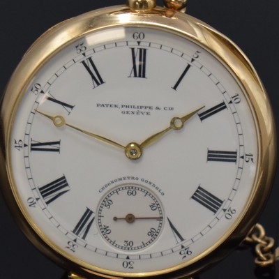 26745733a - PATEK PHILIPPE Gondolo 18k pink gold pocket watch, Switzerland around 1915, engine-turned case, cuvette missing, two piece construction enamel dial with Roman numerals, hands later, gold plated precision-movement, gold wheels, 20 jewels, endstone on lever and escape wheel, wolfs tooth winding, compensation-balance with Breguet-hairspring, snail-precision adjustment, small, mounted 14k-gold-Chatelaine enclosed, diameter approx. 47 mm, overhaul recommended at buyer's expense, condition 2-3