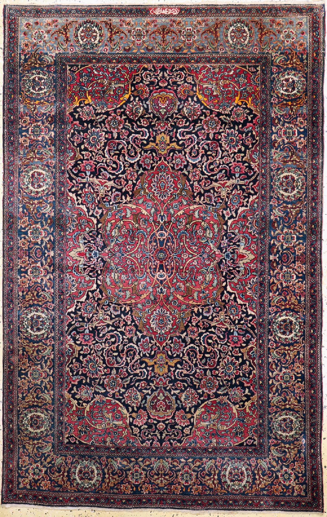 Antiker Kerman, signiert, Persien, um 1900,Wolle auf Baumwolle, ca. 223 x 142 cm, EHZ: 2 Mottenfraß, gereinigt