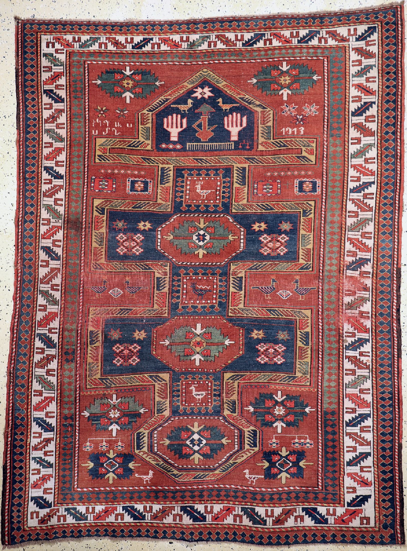 Antiker Kazak, Kaukasus, ca. datiert 1913 , Wolle auf Wolle, ca. 262 x 200 cm, EHZ: 3 (restauriert)