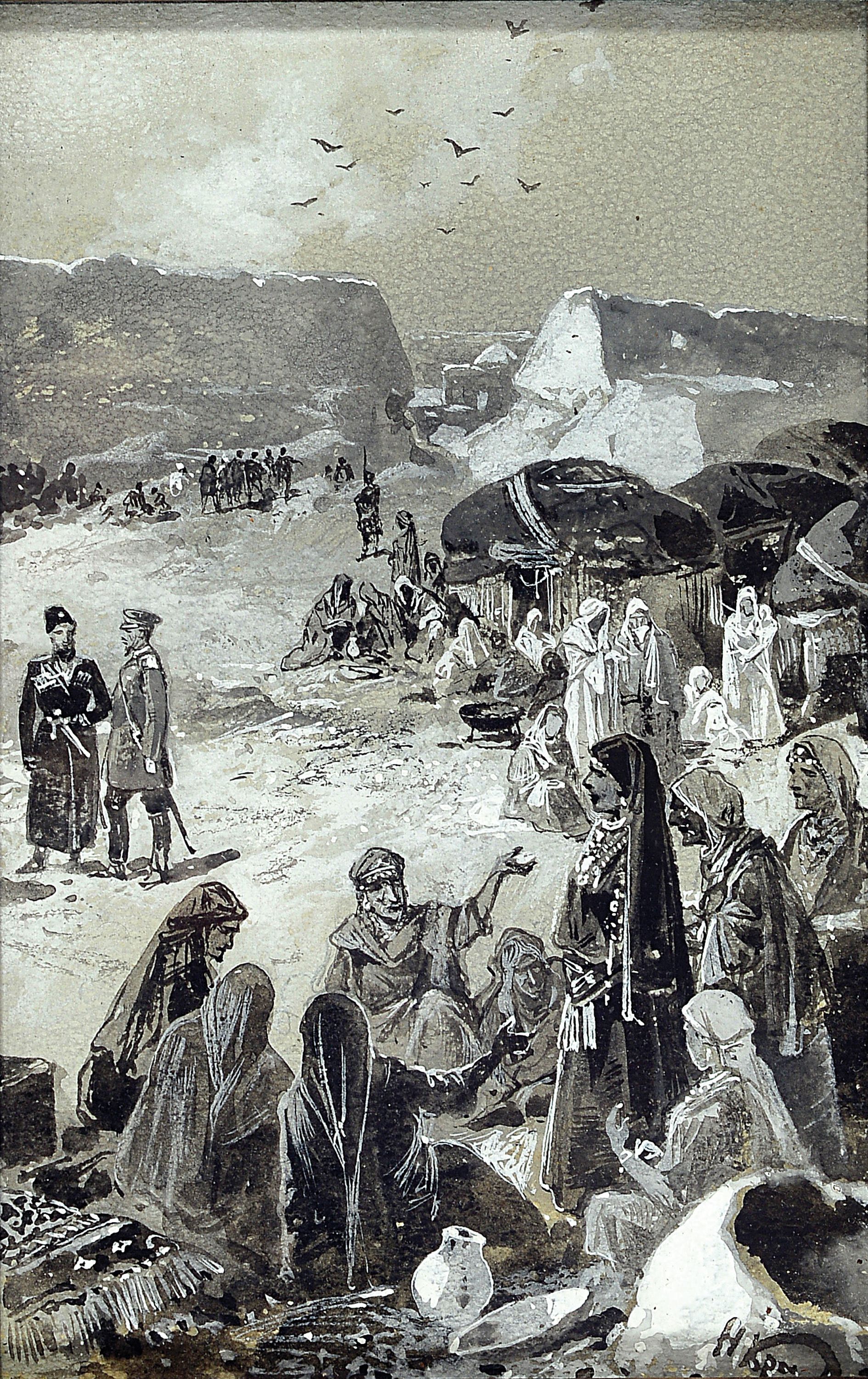 Detail a: Zuschreibung: Nikolai Nikolaevich Karazin, 1842-1908, 2 Grisaillemalereien mit vielfigurigen Szenen aus dem vorderen Orient, Gouache auf Papier, ...