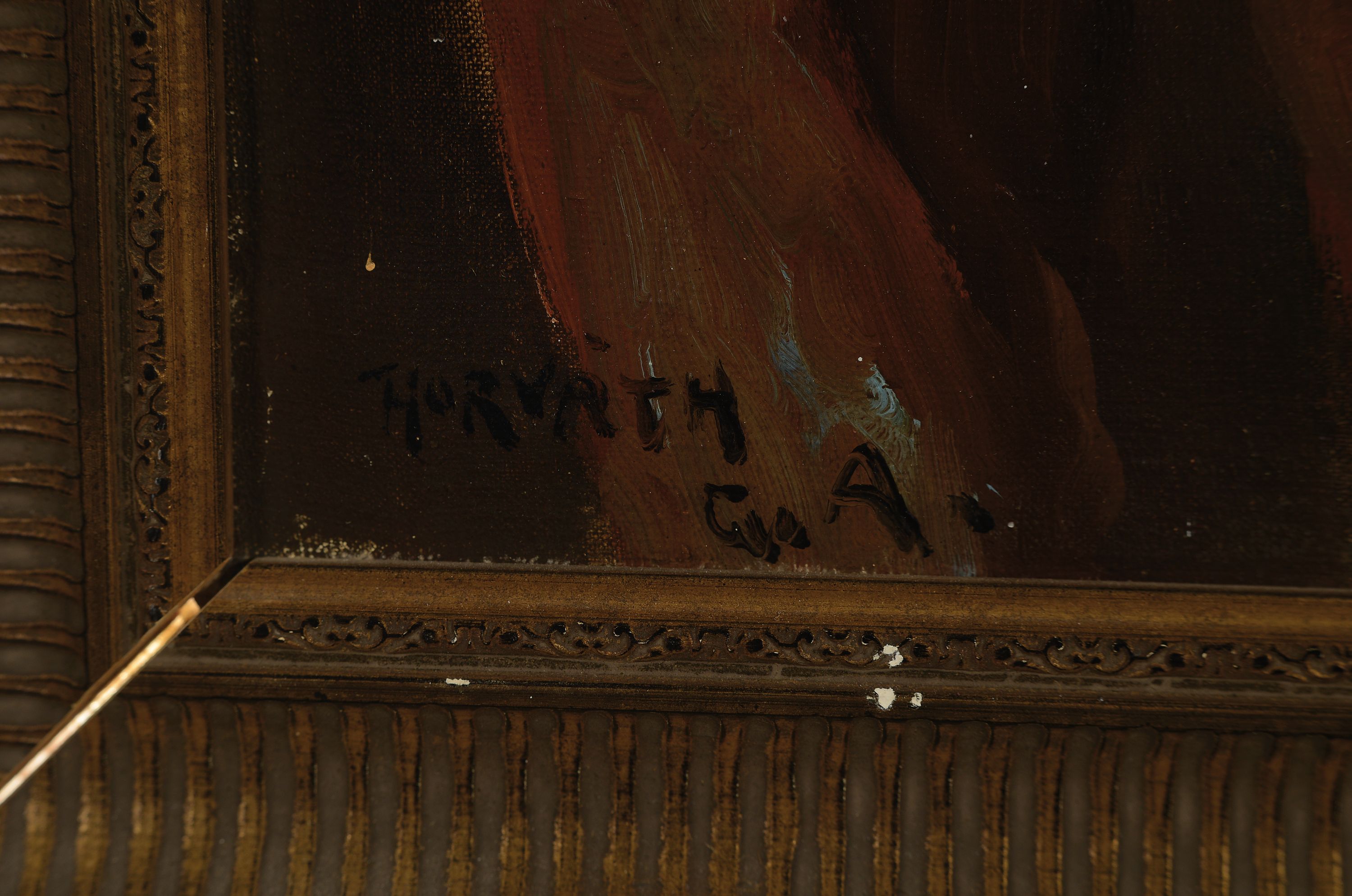 Detail l: Andor G. Horvath, 1876-1966, Interieur mit zwei Männern mit Geige, Öl/Lwd, links unten sign., ca. 50x40cm, R. ca. 60x50cm