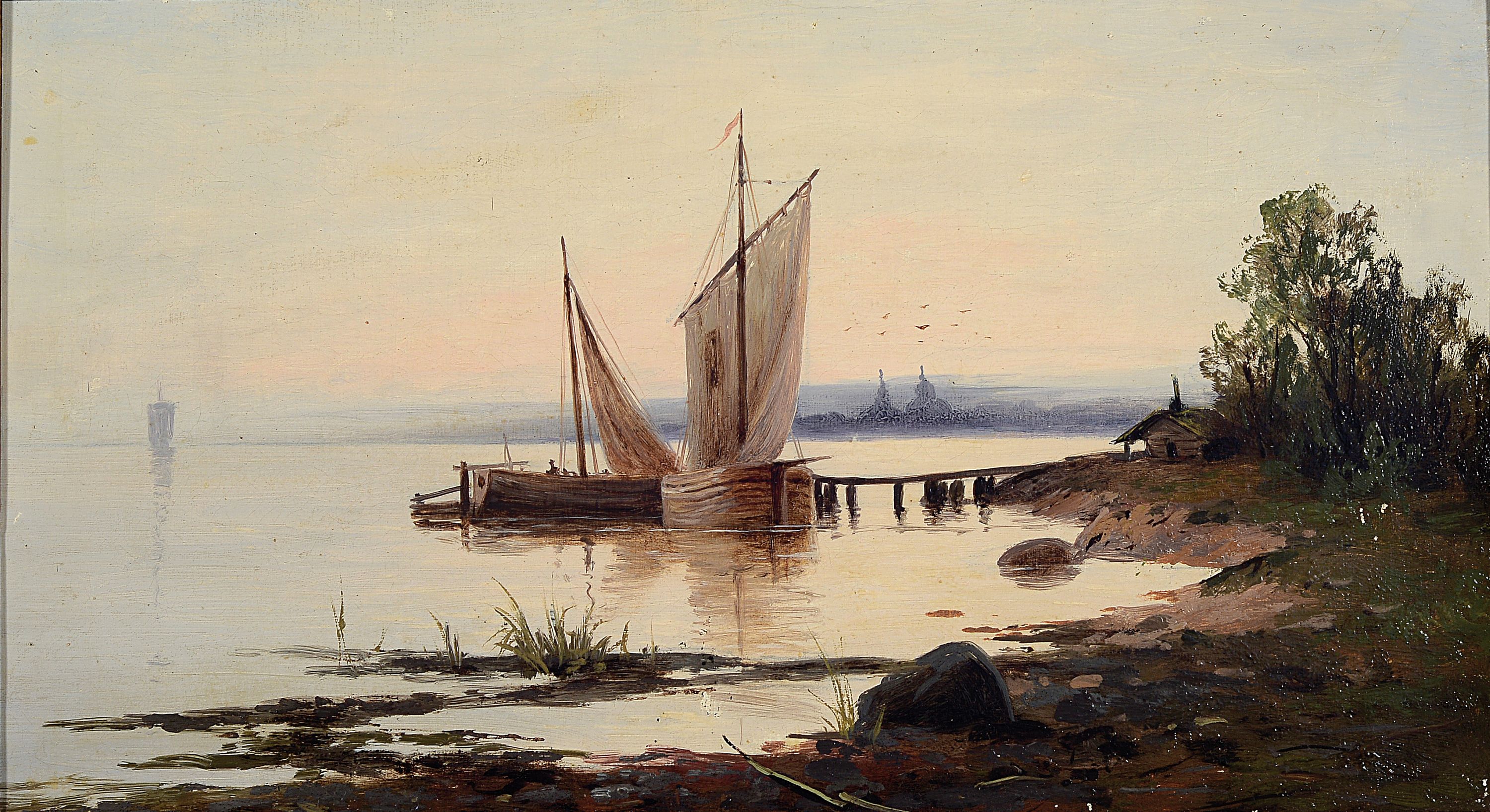 Unbekannter Künstler des 19. Jh., Oberägyptische Landschaft am Nil mit Booten, Öl/Lwd, unsigniert, ca. 26x45cm, R. ca. 35x 55cm