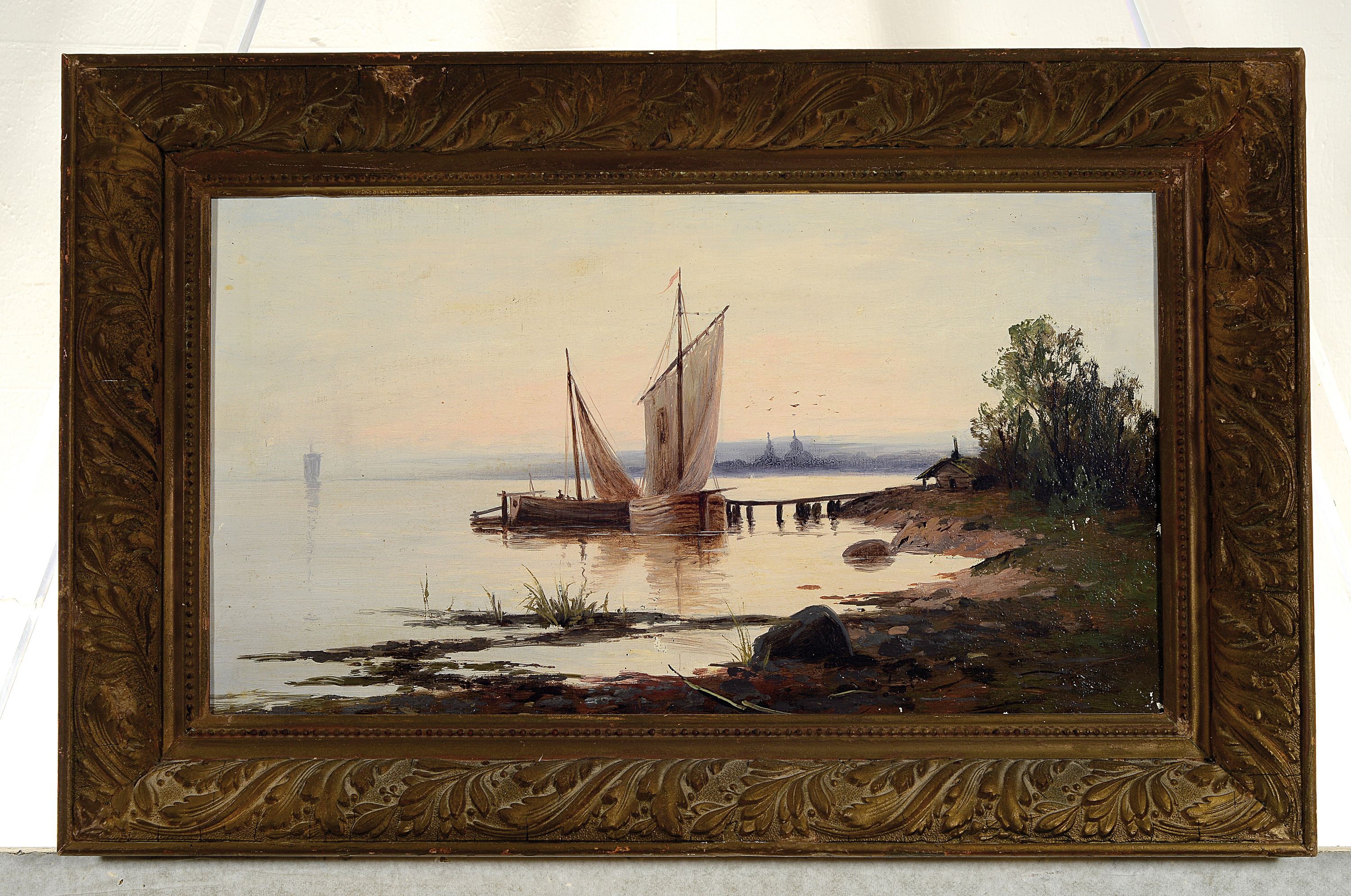 Detail k: Unbekannter Künstler des 19. Jh., Oberägyptische Landschaft am Nil mit Booten, Öl/Lwd, unsigniert, ca. 26x45cm, R. ca. 35x 55cm