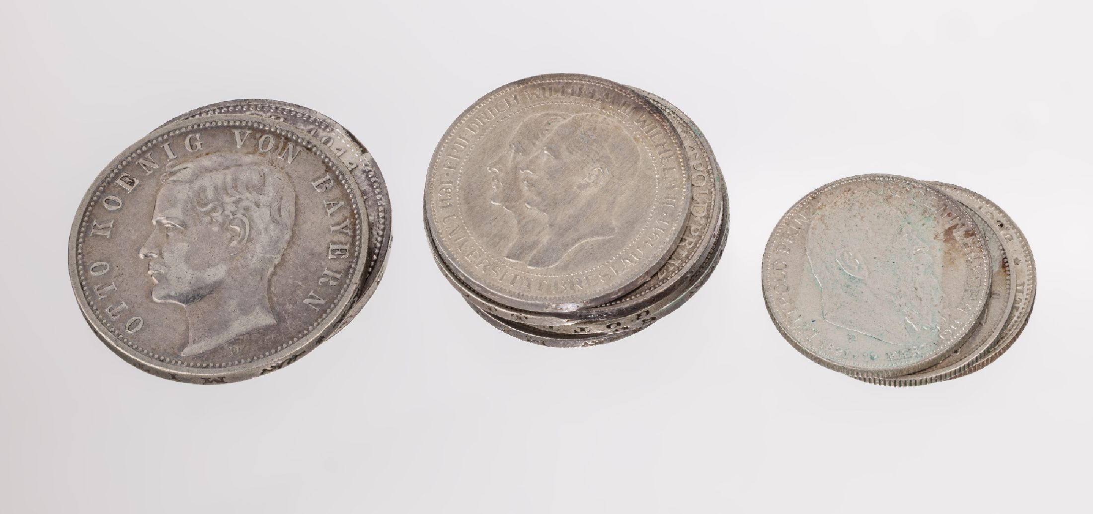 Lot 11 Silbermünzen, Deutsches Reich, 2 x 5Mark: 1 x Otto Koenig von Bayern 1891, 1 x Luitpold Prinzregent von Bayern, 1911, 6 x 3 Mark: 2 x Otto ...