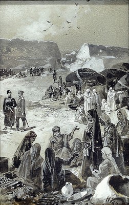26746130a - Attribution: Nikolai Nikolaevich Karazin, 1842-1908, 2 grisaille paintings with multi- figured scenes from the Middle East, gouache on paper, both barely legibly signed at the bottom right, each approx. 17x11cm, etc., framed approx. 29x23cm