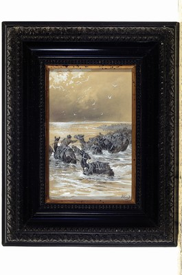 26746130k - Attribution: Nikolai Nikolaevich Karazin, 1842-1908, 2 grisaille paintings with multi- figured scenes from the Middle East, gouache on paper, both barely legibly signed at the bottom right, each approx. 17x11cm, etc., framed approx. 29x23cm