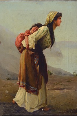 Image 26746132 - Russian artist of the 19th century, Young Italian woman with child on her back, oil/canvas, signed lower right, approx. 60x40cm, frame approx. 80x60cm