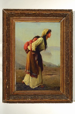 26746132k - Russian artist of the 19th century, Young Italian woman with child on her back, oil/canvas, signed lower right, approx. 60x40cm, frame approx. 80x60cm