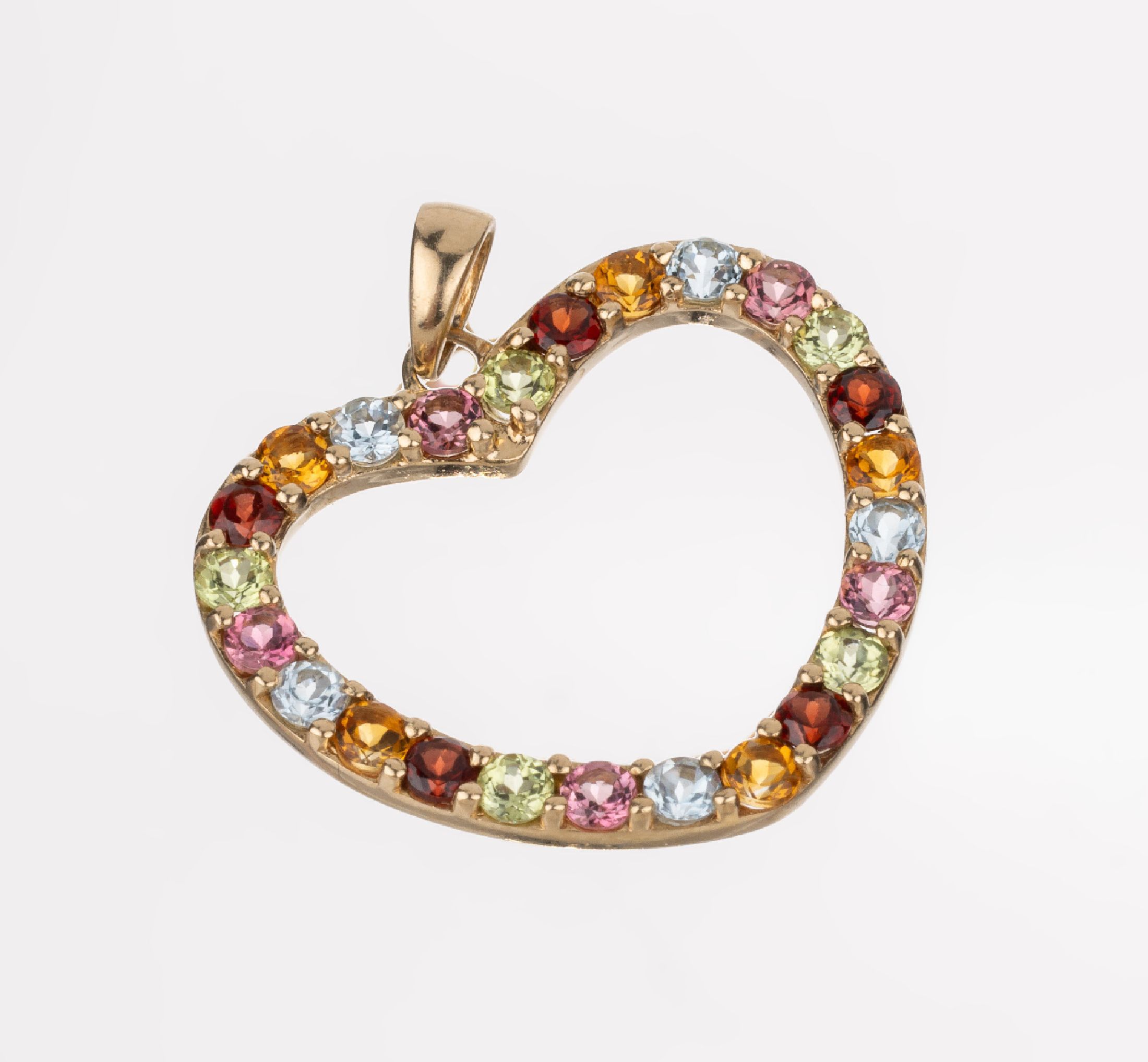 14 kt Gold Farbstein-Anhänger "Herz", GG 585/000, 25 rundfacett. Farbsteine, Peridot, Granat, Citrin und Morganit, ca. 3 x 3 cm, ca.4.3 g