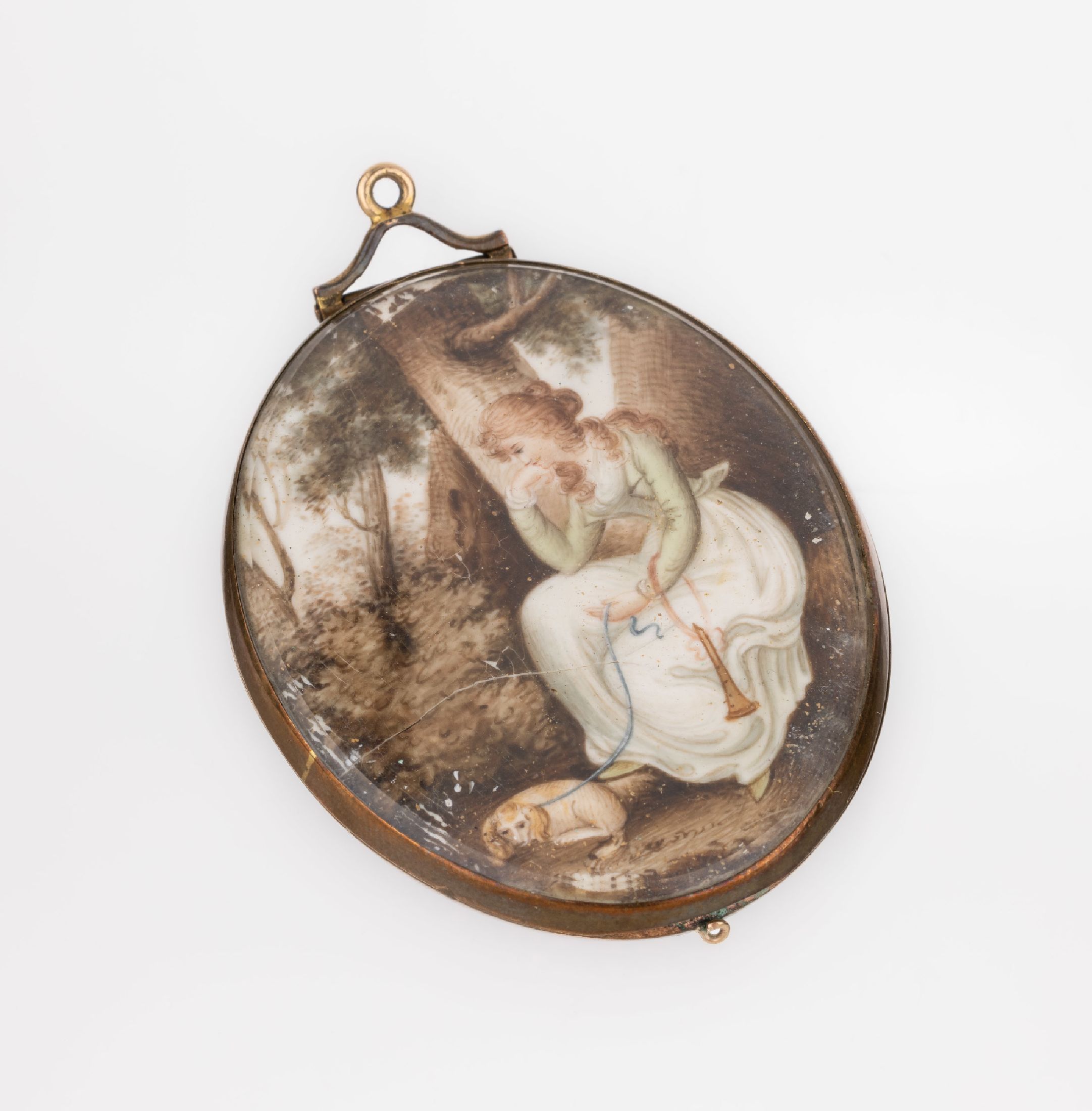 Miniaturmalerei-Anhänger, Frankreich wohl um 1830, Kupfer, oval, Malerei Darstellung einer jungen Frau mit Hund und Flöte, rückseitig ...