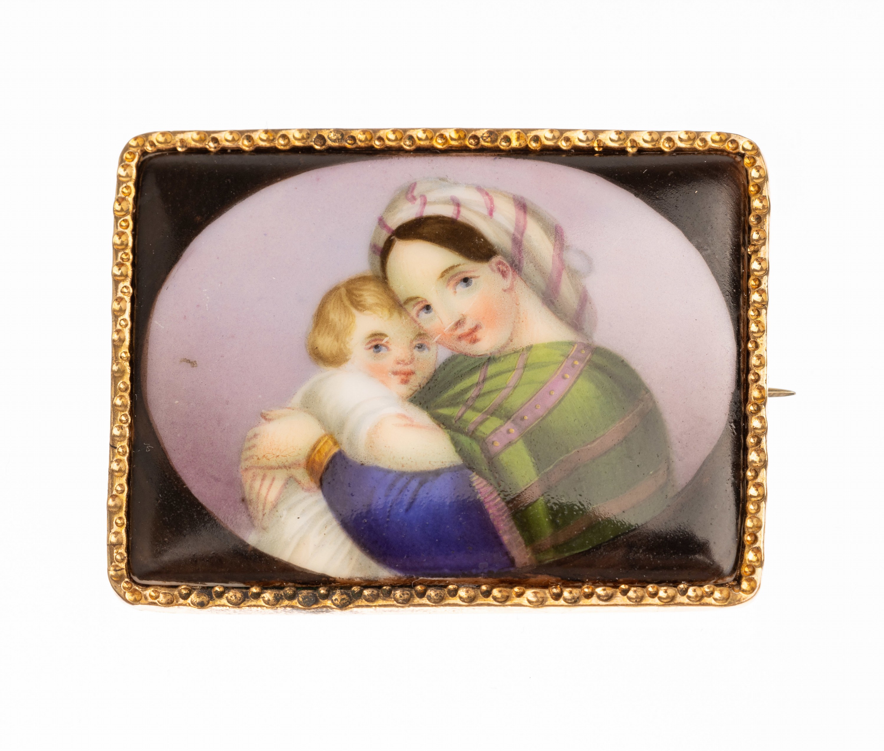 Miniaturmalerei-Brosche, wohl Schweiz um 1860er Jahre, Rahmung Metall verg., rechteckig, Malerei Darstellung Mutter Gottes mit dem Jesus Kind, ca. ...