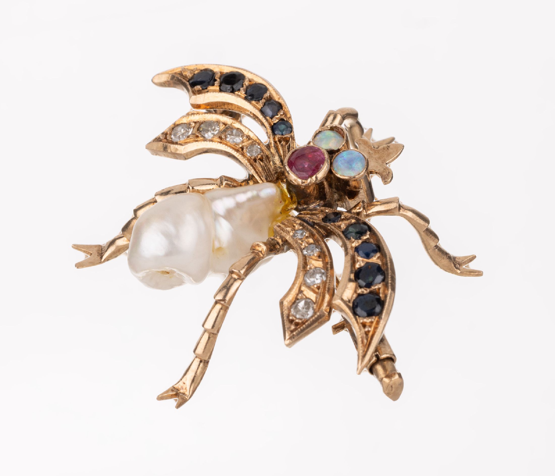 14 kt Gold Diamant-Farbstein-Perl-Brosche "Insekt", GG 585/000 gepr., Darstellung einer Fliege, Korpus barocke Zuchtperle, Flügel mit 10 ...