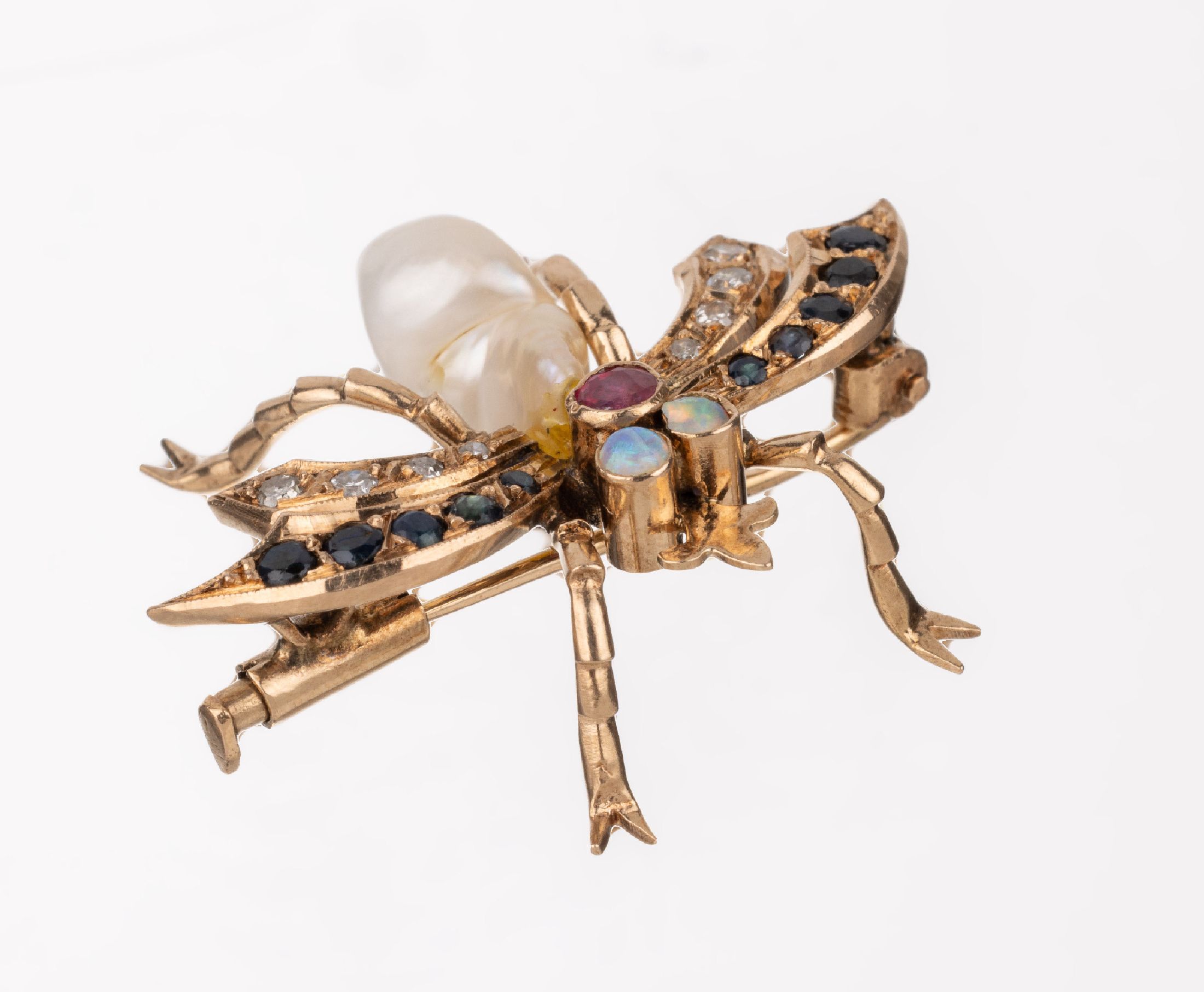 Detail a: 14 kt Gold Diamant-Farbstein-Perl-Brosche "Insekt", GG 585/000 gepr., Darstellung einer Fliege, Korpus barocke Zuchtperle, Flügel mit 10 ...
