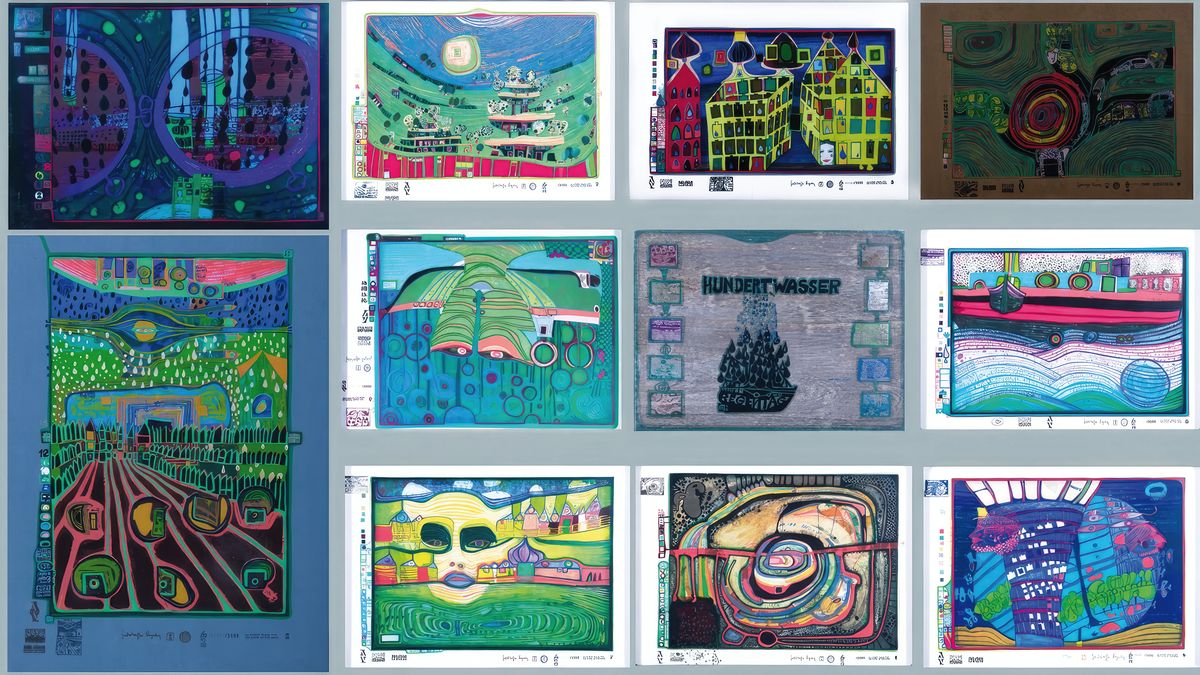 Friedensreich Hundertwasser, 1928-2000, Look at it on a rainy day, 10 Farbserigraphien mit Metallfoliendruck, alle gerahmt, alle num. 1564/3000, eine ...