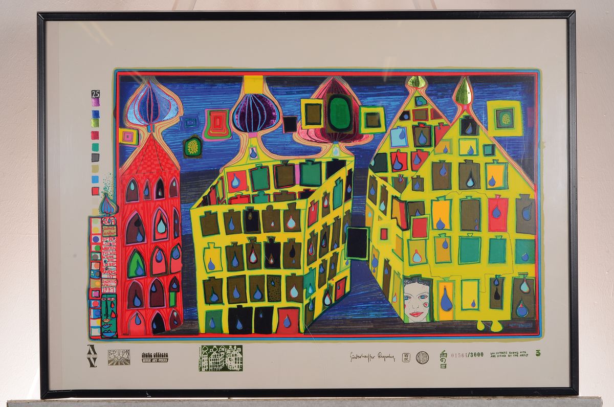 Detail k: Friedensreich Hundertwasser, 1928-2000, Look at it on a rainy day, 10 Farbserigraphien mit Metallfoliendruck, alle gerahmt, alle num. 1564/3000, eine ...