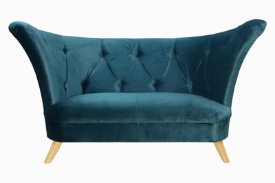 Image 26746914 - 2-Seater Design Sofa, petrol-colored velvet-like fabric cover, back tufted, on wooden legs, freestanding, approximately 104x183x90 cm, seat height 45 cm, seat depth 55 cm.