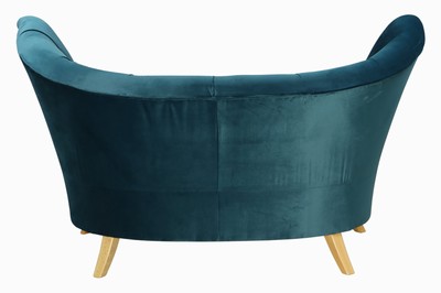 26746914a - 2-Seater Design Sofa, petrol-colored velvet-like fabric cover, back tufted, on wooden legs, freestanding, approximately 104x183x90 cm, seat height 45 cm, seat depth 55 cm.