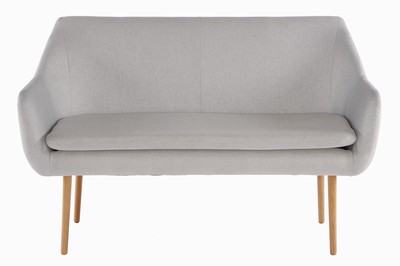 Image Lounge sofa, light gray fabric covers, placed seat cushion with removable cover, conically tapered solid beech legs, freestanding, approximately 91x142x68 cm, seat height 51 cm, arm height 48 cm