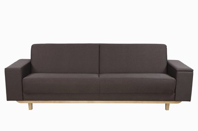 Image Design sofa bed, gray fabric covers, on beech wood frame, left side with storage compartments, right side with fold-down compartment, modern, timeless multipurpose furniture, approximately 80x245x80 cm