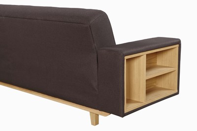26746918b - Design sofa bed, gray fabric covers, on beech wood frame, left side with storage compartments, right side with fold-down compartment, modern, timeless multipurpose furniture, approximately 80x245x80 cm