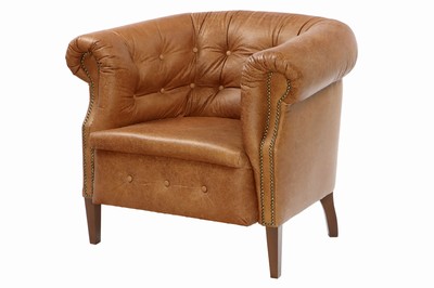 Image Chair, in English style, brown or reddish- brown leather covers, leather surface with artificial aging effects, tufted and buttoned, nail trim decoration, solid wood feet stained in brown, spring core padding, approximately 76x86x82 cm, seat height 42 cm, arm height 48 cm