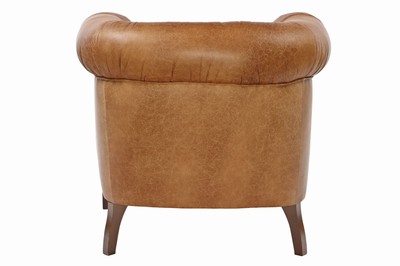 26746921a - Chair, in English style, brown or reddish- brown leather covers, leather surface with artificial aging effects, tufted and buttoned, nail trim decoration, solid wood feet stained in brown, spring core padding, approximately 76x86x82 cm, seat height 42 cm, arm height 48 cm