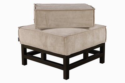 Image Footstool, cream-colored chenille-like fabric covers, loose cushions, open blackened wood frame, freestanding, modern design, approximately 44x67x67 cm