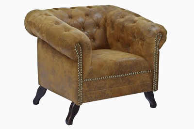 Image Chair, in English style, Alcantara covers in brown and partially black speckled, tufted and buttoned, nail trim decoration, solid wood legs blackened, spring core padding, approximately 72x85x80 cm, seat height 42 cm, arm height 45 cm