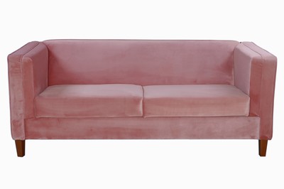 Image 2-seater sofa, wooden frame, fully covered with salmon-colored velvet-like fabric, 2 loose seat cushions, on solid wooden legs, approximately 72x210x83 cm