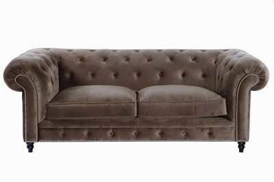 Image 26746927 - Chesterfield sofa, 2-seater, brown velvet- like fabric cover, tufted and buttoned back, sides, and frame, partially with nail decoration, loose cushions, on ball feet, approximately 78x220x98 cm, seat height 45 cm, seat depth 60 cm