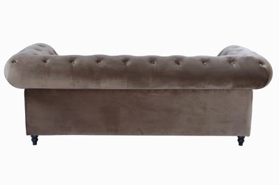 26746927a - Chesterfield sofa, 2-seater, brown velvet- like fabric cover, tufted and buttoned back, sides, and frame, partially with nail decoration, loose cushions, on ball feet, approximately 78x220x98 cm, seat height 45 cm, seat depth 60 cm
